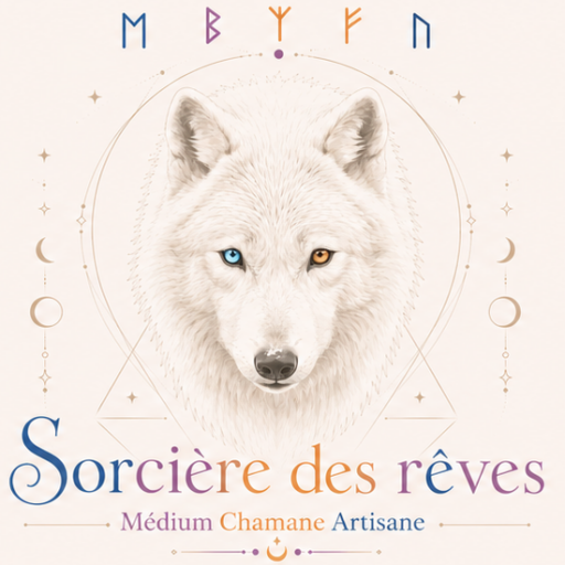 Logo avec une tête de loup blanc et les yeux vairons. Marque Sorcière des rêves, Médium, Chamane et Artisane