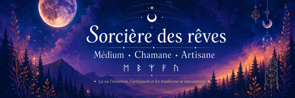Bannière de Sorcière des rêves représentant un paysage nocturne mystique avec une lune lumineuse, les montagnes, une forêt et les inscriptions « Sorcière des rêves – Médium • Chamane • Artisane » accompagnées de runes nordiques.