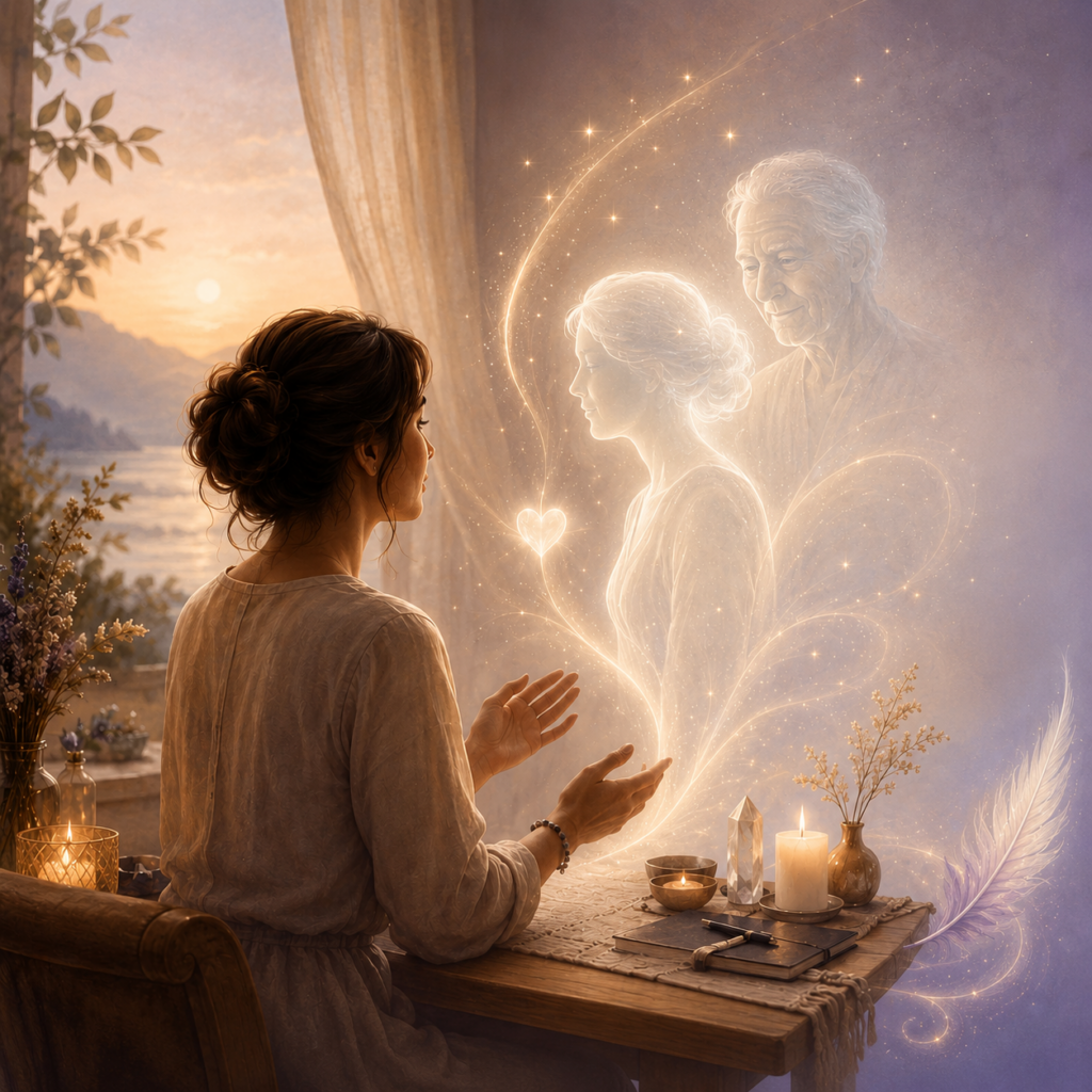Médium en consultation de contact défunt communiquant avec les défunts dans une atmosphère spirituelle et lumineuse.